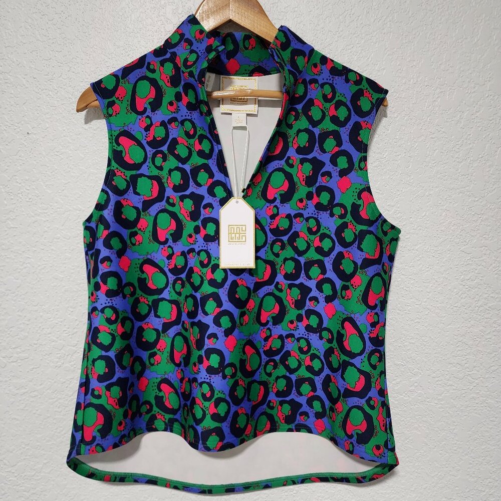 Emily Mccarthy Cheetah Print Vibrant Multicolor Top Large Coastal Preppy Golf - Picture 1 of 8